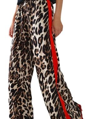 Leopard Print Wide-Leg Pants with Red Side Stripe